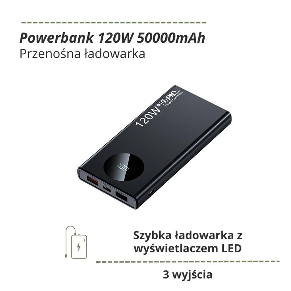 powerbank 120W 50000mAh - Czarny - Szybka ładowarka z Zdjęcie produktu 