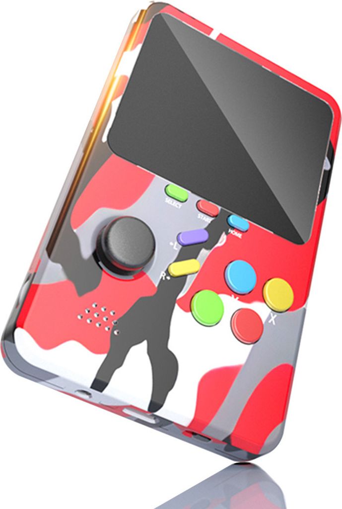 A handheld gaming console with a camouflage pattern.