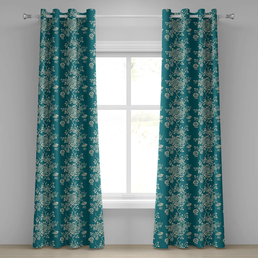 Grand rideau de salon floral bleu sarcelle et beige pour chambre 245cm