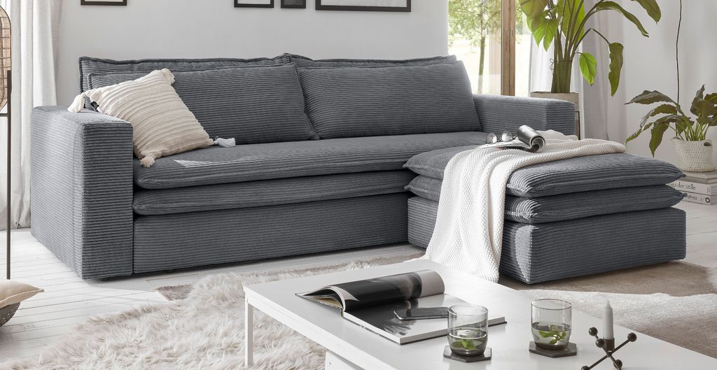 Sofa Set "Pesaro" in grau Cord Couch 3-Sitzer mit Bettfunktion inklusive Hocker