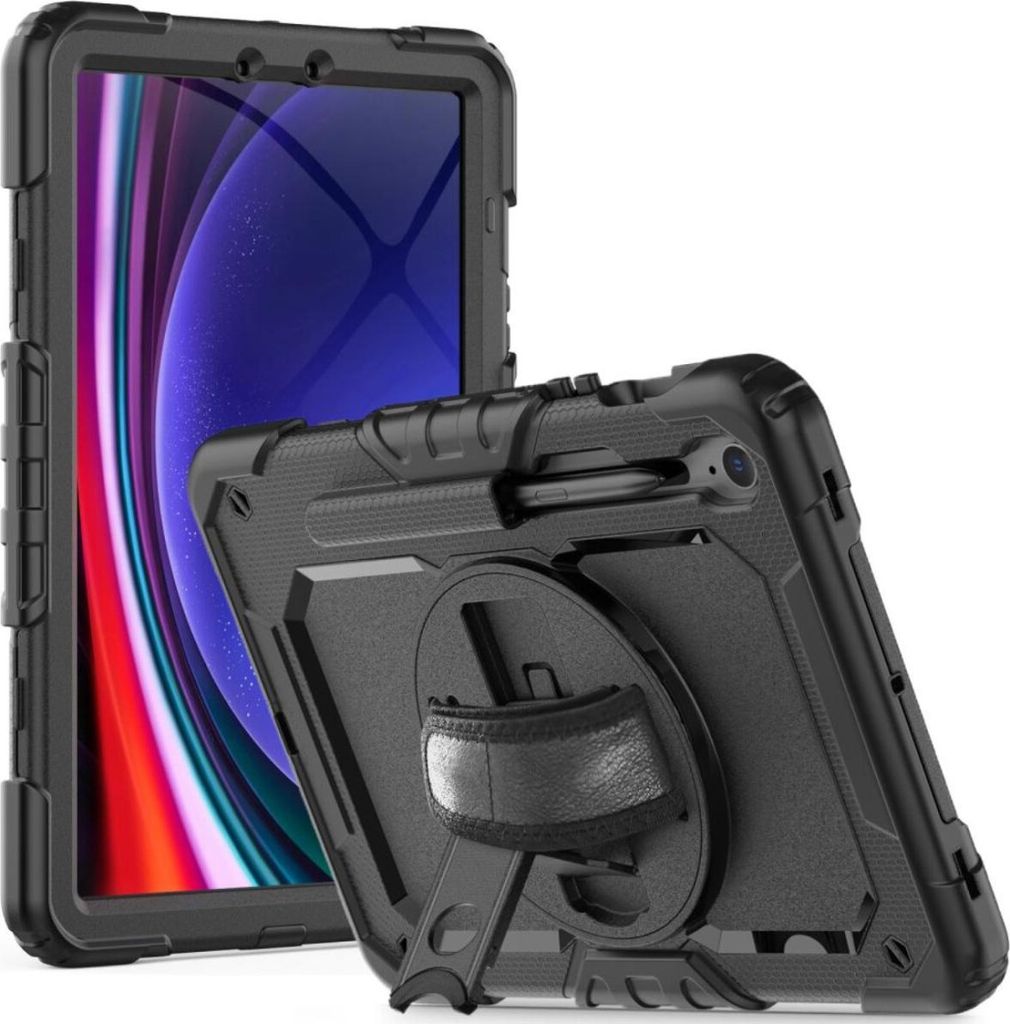 A black protective case for a tablet is shown from two angles against a white background. The tablet is partially visible inside the case on the left, and the case is shown with its stand and hand strap deployed on the right.