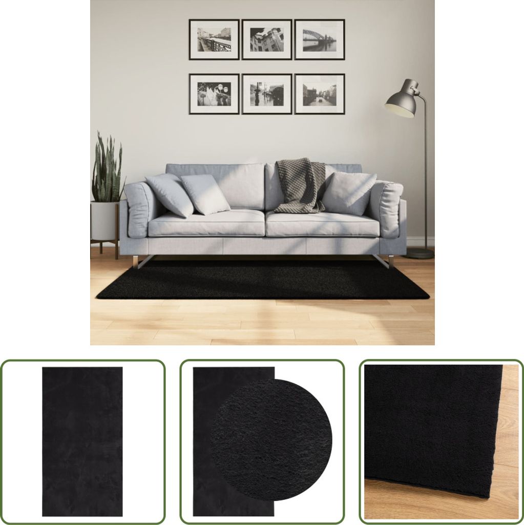 The Living Store Teppich HUARTE Kurzflor Weich und Waschbar Schwarz 80x150 cm