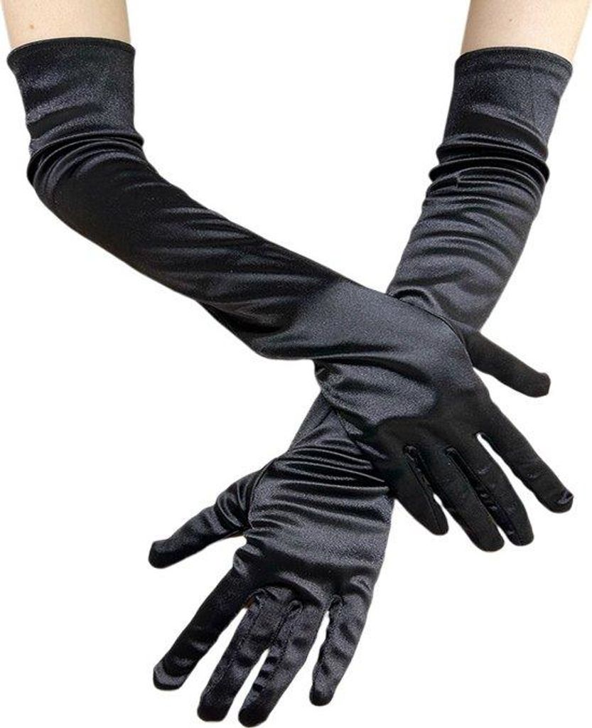 , lange Satinschmuckhandschuhe in Schwarz für die Gala - und Ballaison - lang, elegante Damenhandschuhe mit 55cm Länge.