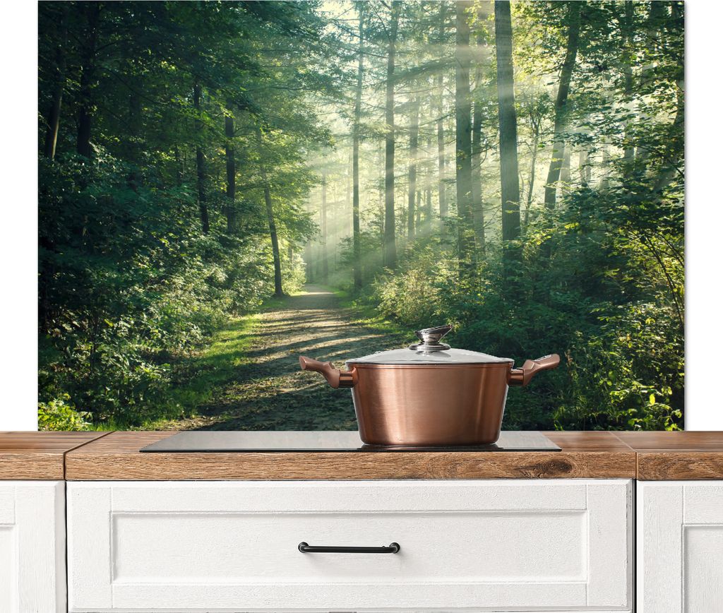 KitchenYeah Spritzschutz Küche - Küchenrückwand - Wandschutz für Herd und Spüle - Wald - Weg - Sonne - Bäume - Grün - Natur 120x80 - Alu-...