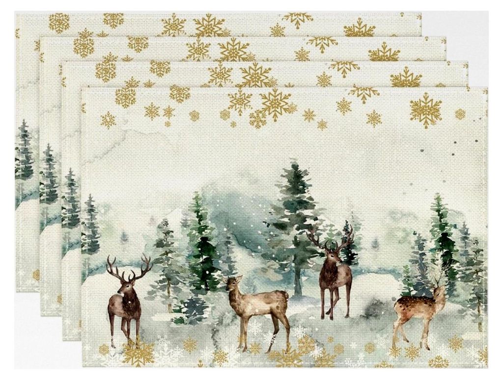 Kiefern Elch Schneeflocken Weihnachten Platzsets 4er Set, 30x45cm Winter Urlaub Bankett Tischsets