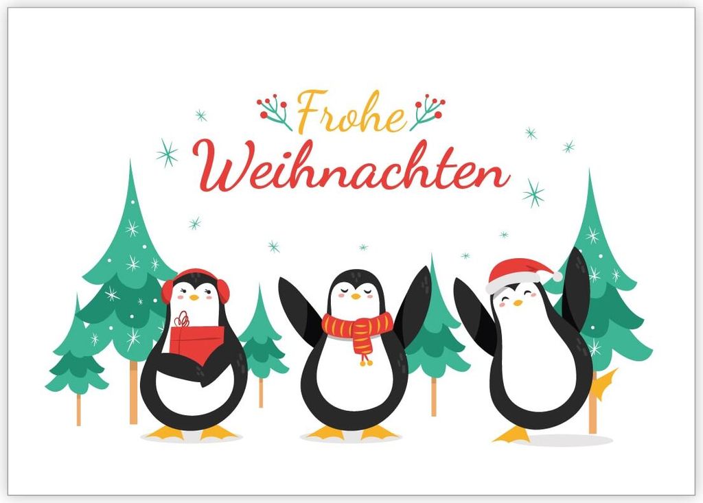 4x Lustige Weihnachtskarte mit tanzenden Pinguinen im Wald