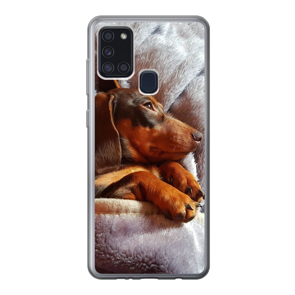 MuchoWow Handyhülle Schutzhülle Hülle für Samsung Galaxy A21s Niedlicher Dackel liegt unter der Bettdecke Silikon Softcase Handy Hülle - Har...