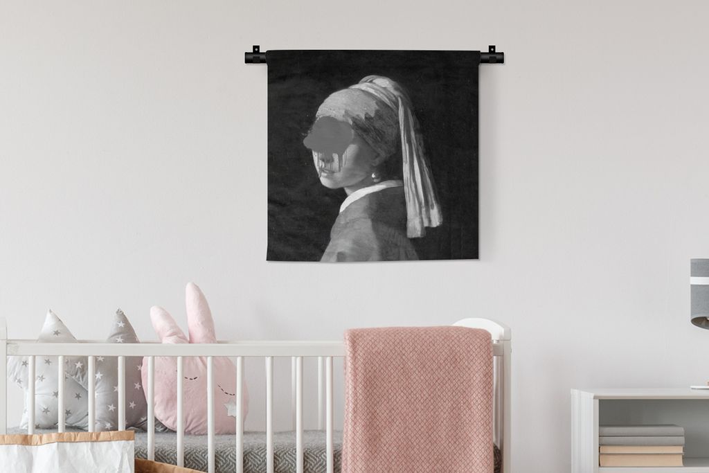 MuchoWow Wandteppich Wandbehang Das Mädchen mit dem Perlenohrring - Johannes Vermeer - Schwarz und weiß 60x60 cm Tapisserie Dekoration Wandtuch...