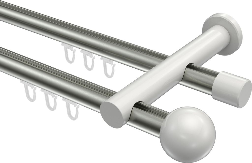 Interdeco Innenlaufstange / Gardinenstange mit Innenlauf Edelstahl-Optik / Weiß, Typ Platon Luino (Kugel), 20 mm Ø 2-läufig, 440 cm