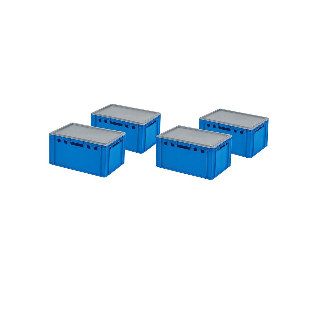 4 Stück E3-Kasten Blau mit 4 Deckel in Grau