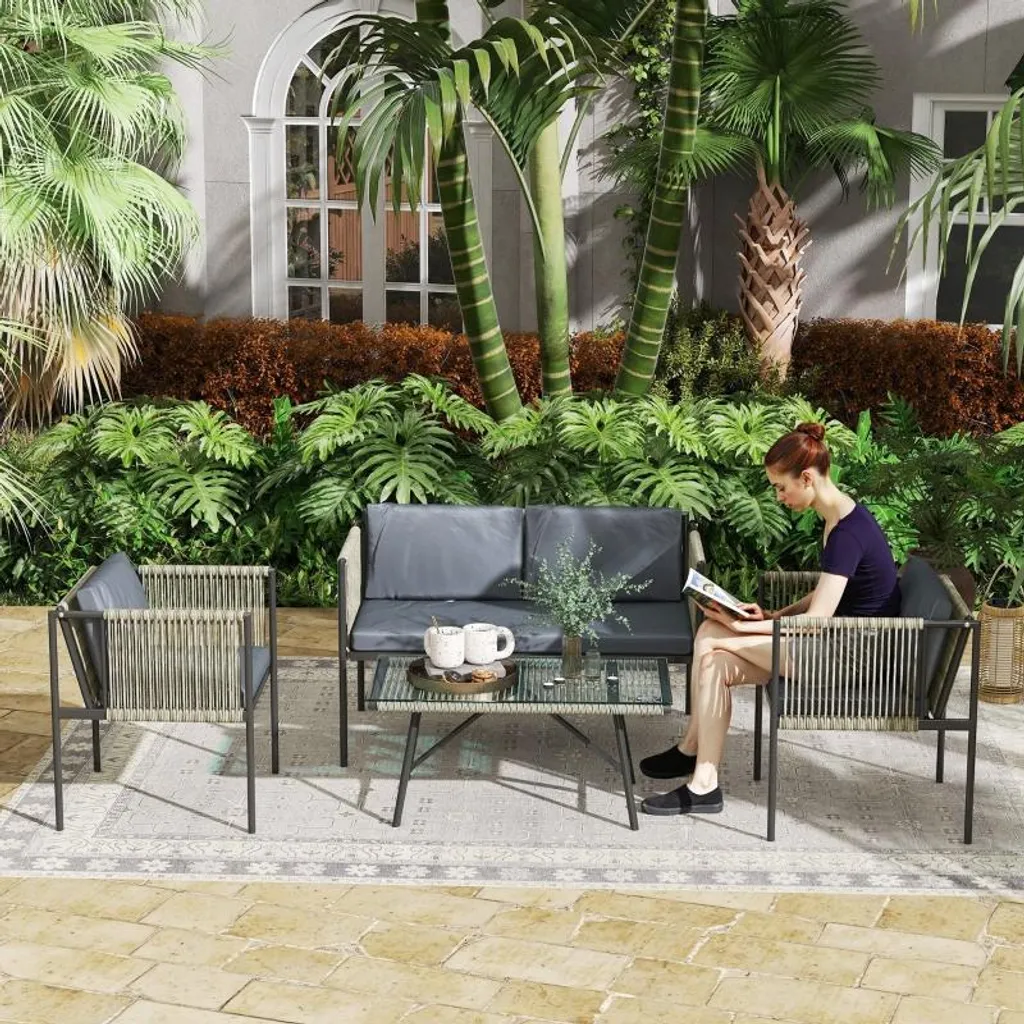 Salon de jardin résistant aux intempéries 4 pièces en rotin et acier