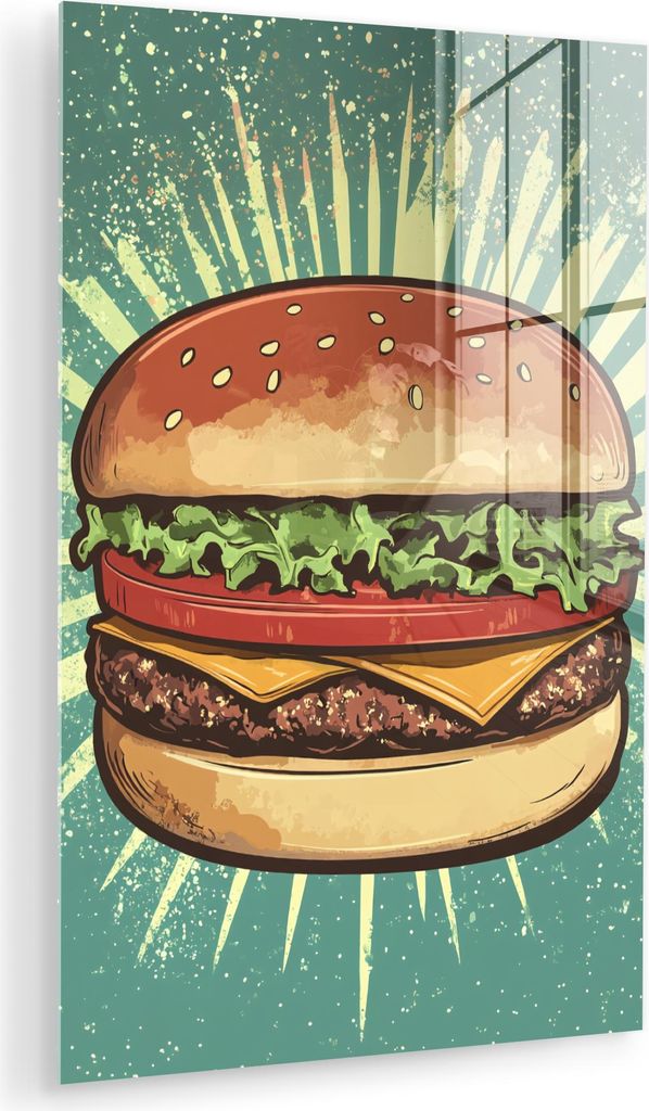 MuchoWow Glasbilder - Bilder auf Wandbild - Foto auf Glas Hamburger - Illustration - Salat - Käse 80x120 cm Wanddekoration aus Glas - Acrylglasbil...