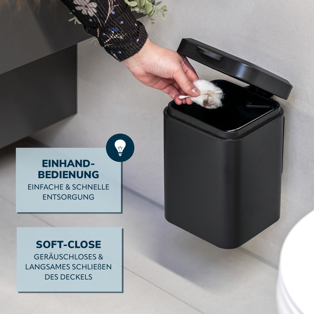 bremermann Eckiger Wand-Kosmetikeimer 3L, Schwarz
