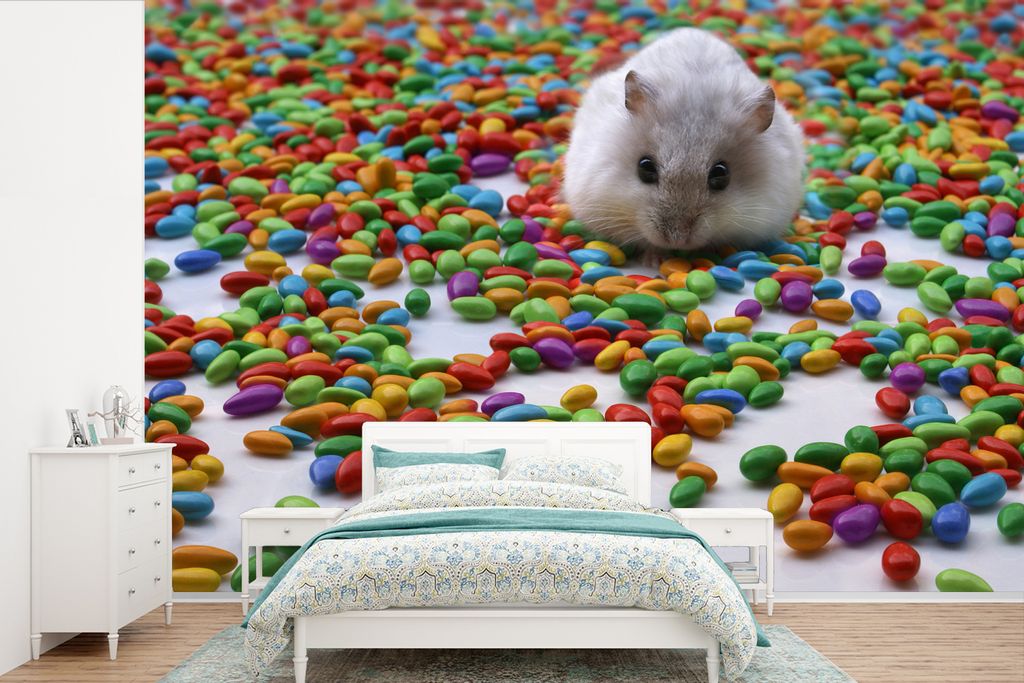 MuchoWow Fototapete für Wohnzimmer oder Schlafzimmer Wandtapete Vinyl Motivtapete Hamster zwischen den bunten Bonbons - 360x240 cm - Vinyl-Tapete