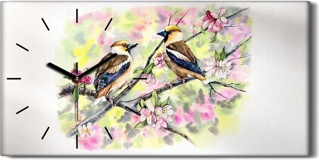 Wandbild Leinwand Bilder mit Uhr 60x30 Gemälde Abstrakte Zweig Blumen Tier Vögel - schwarze Hände