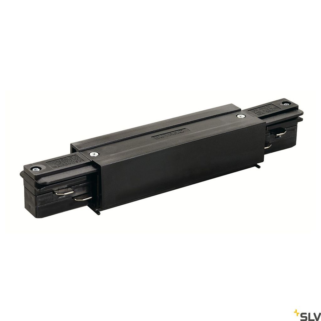 A black electrical connector for a track lighting system, shown against a white background.