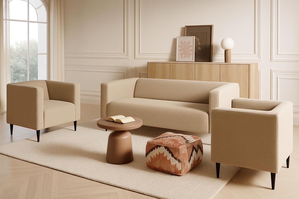 Modernes und minimalistisches Wohnzimmerset CALMO 3+1+1 ohne Schlaffunktion CREME BEIGE – perfekt für das Wohnzimmer!