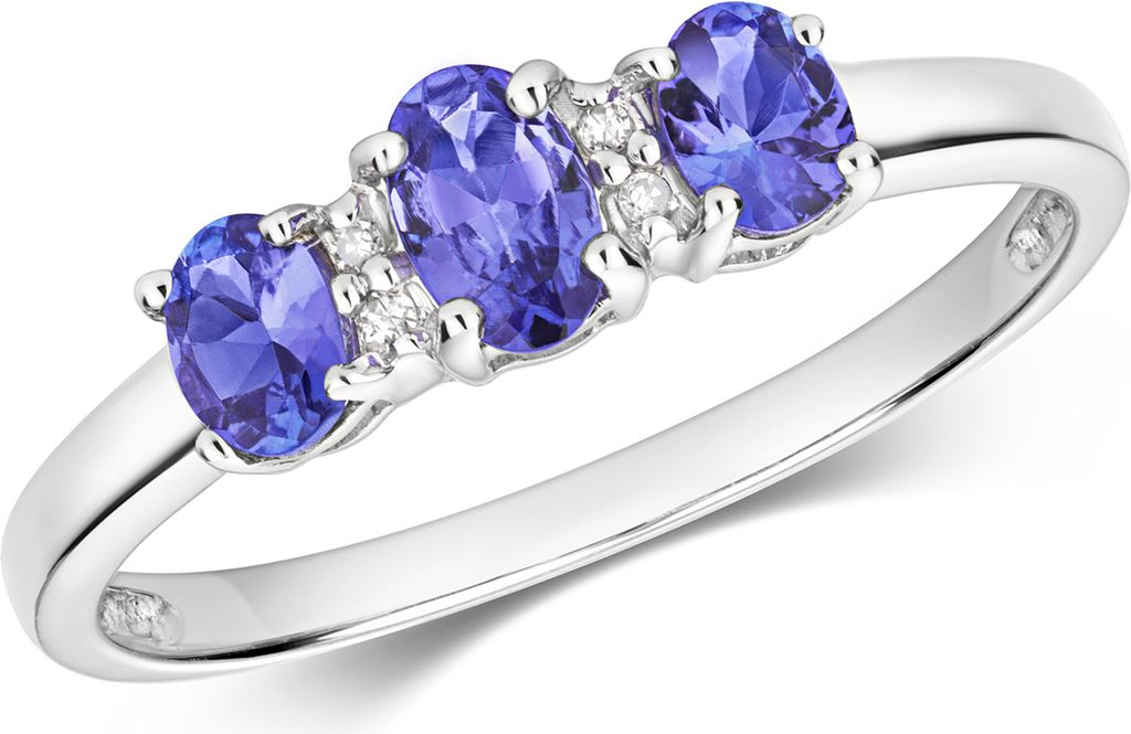 Funkelndes Feuer Wunderschöner 9 Karat (375) Weißgold Trilogie Diamant Ring Brillant-Schliff H - PK mit Tansanit, 54 (17.2); TRS35641RSN