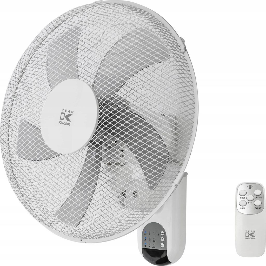 A white wall-mounted fan with a remote control.