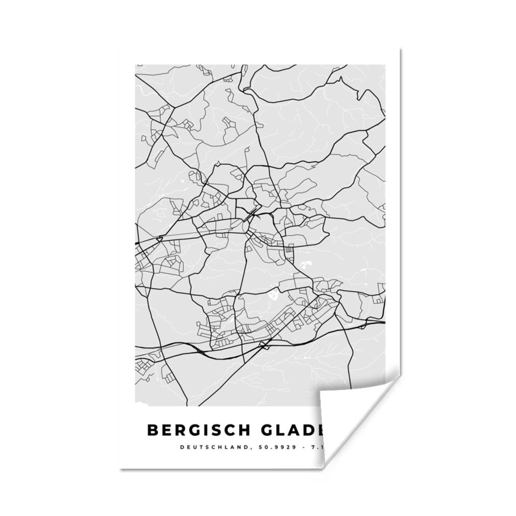 MuchoWow Poster Karte - Bergisch Gladbach - Karte - Deutschland 60x90 cm - Wanddekoration