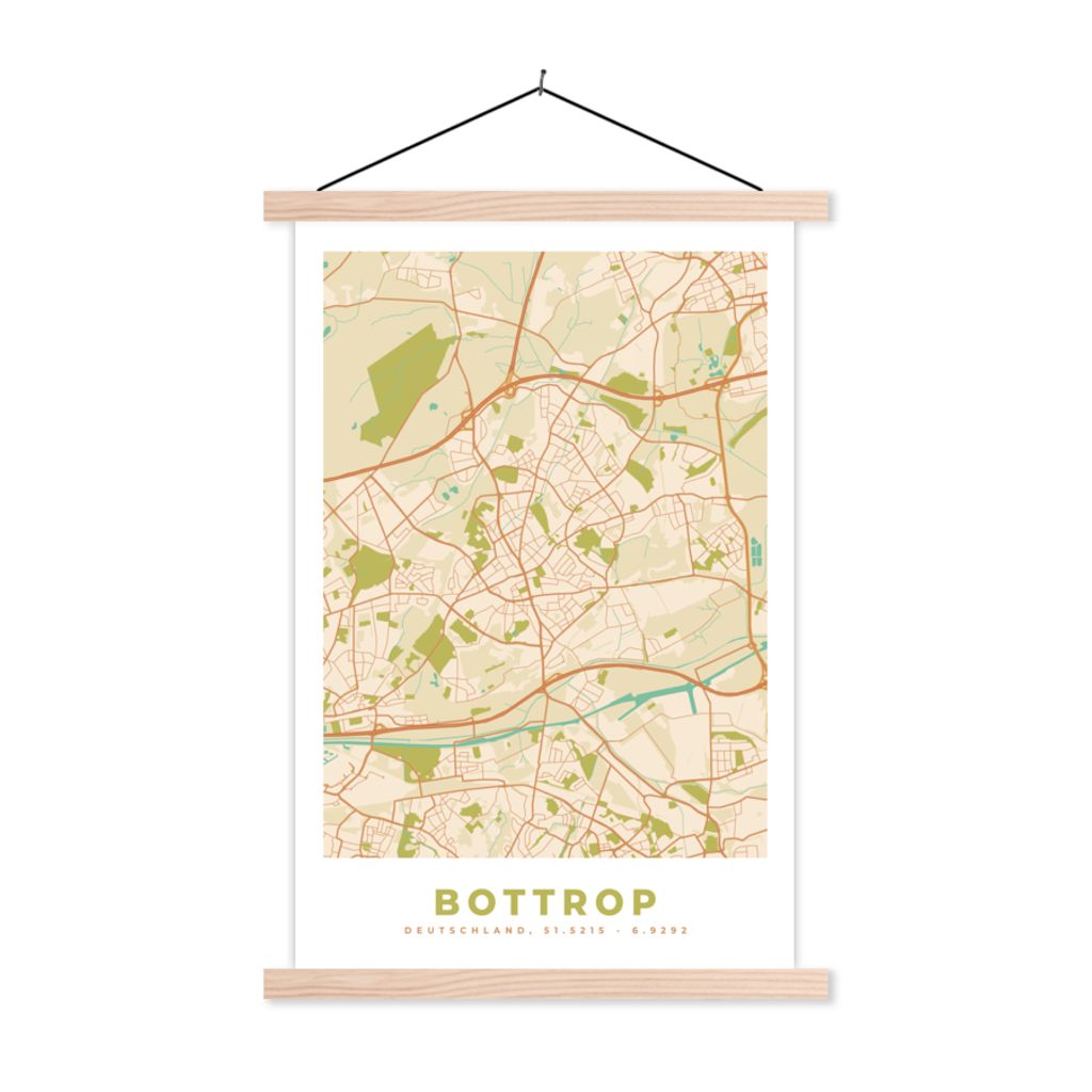 MuchoWow Textilposter Bottrop - Karte - Vintage - Stadtplan - Grundriss 40x60 cm mit holzfarbenen Rahmen - Poster