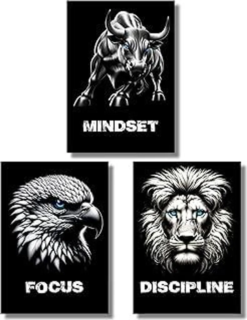 CLEAN SPORTS Poster motivazionali - Set di 3 immagini motivazionali per il business e il fitness in formato A2 - Bulle Löwe Trading Mindset - senza cornice (set di 3)