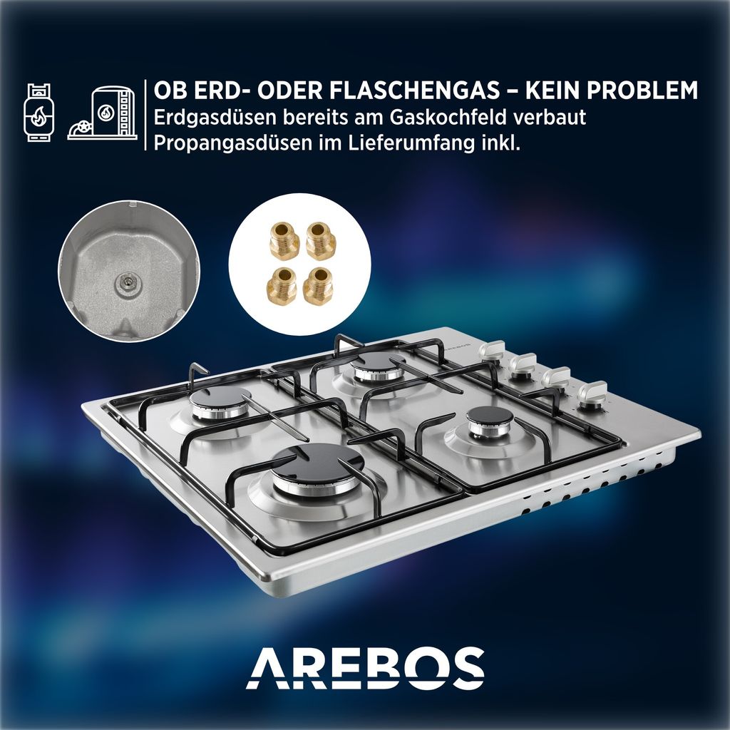 AREBOS plynová varná doska 4 horáky, nerezová oceľ, vrátane Obrázok produktu 8
