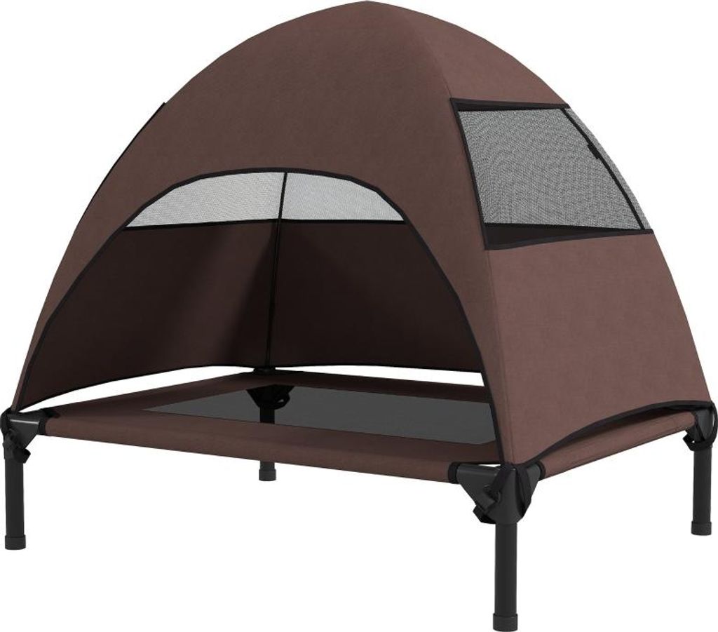 Hundeliege Outdoor mit Dach, Erhöhtes Hundebett für Mittelgroße Hunde, 76 x 61 x 71cm, Kaffee