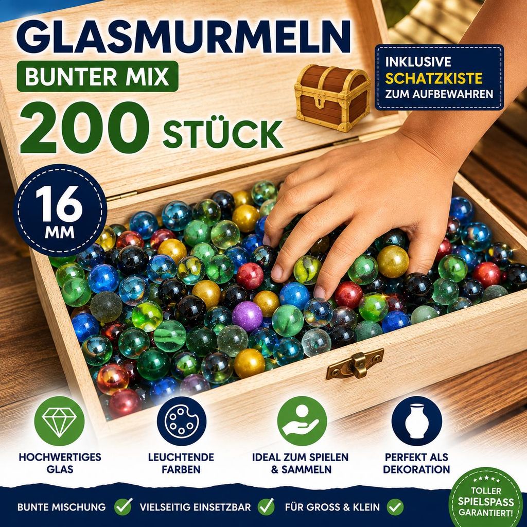 Glasmurmeln 200 Stück 16 mm bunter Mix mit Holz Schatzkiste Produktbild  KI-generiertes Bild