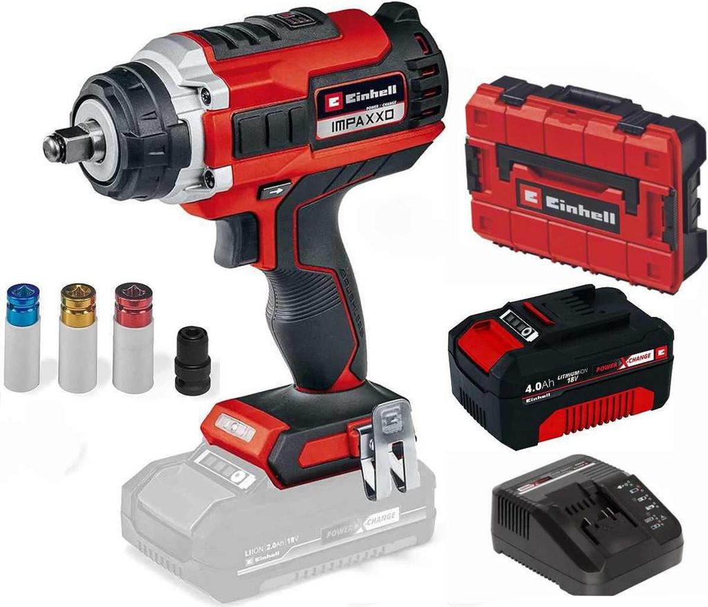 A collection of power tool accessories including an impact wrench, battery, charger, socket set, and a storage case, all displayed against a white background.