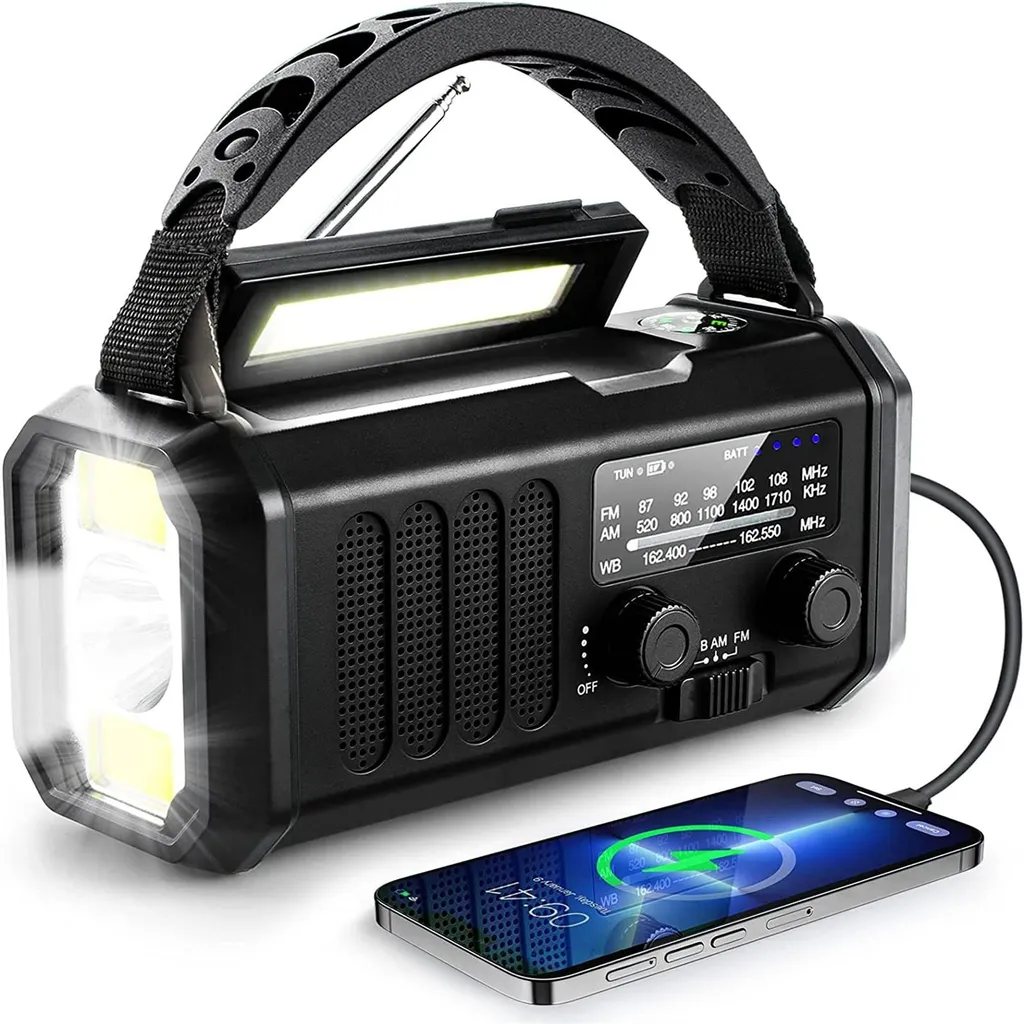 ZELURXX radio d'emergenza da 20000 mAh con manovella solare e manuale, lampada a LED, luce di lettura, allarme, FM/AM/WB, power bank per esterni, nero