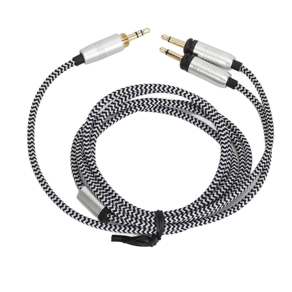 A black and white braided audio cable with gold-plated connectors.