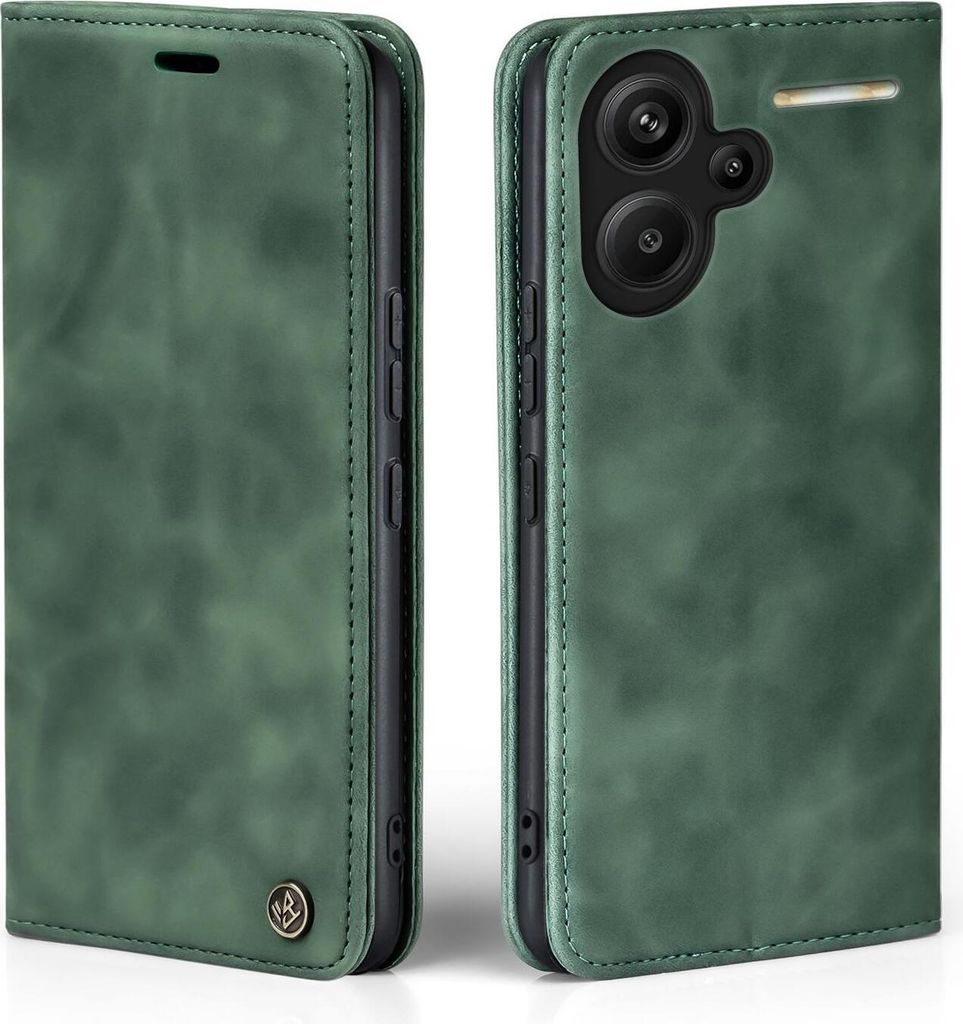 A green flip case for a smartphone is shown from two angles.