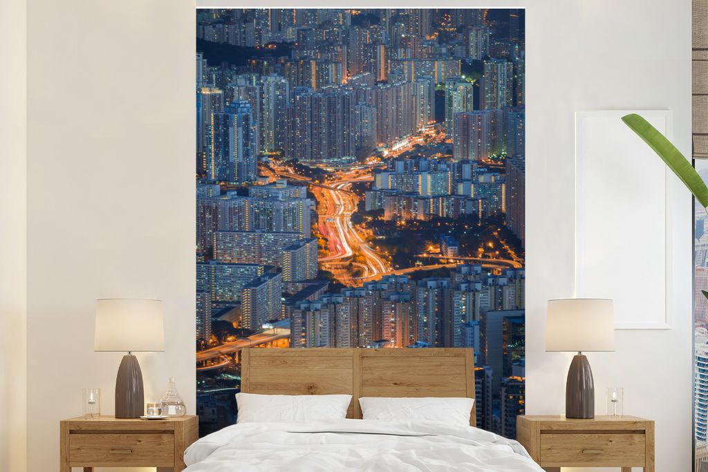 MuchoWow Fototapete für Wohnzimmer oder Schlafzimmer Wandtapete Vinyl Motivtapete Hongkong - Architektur - Autos - 195x300 cm - Das Hintergrundbild