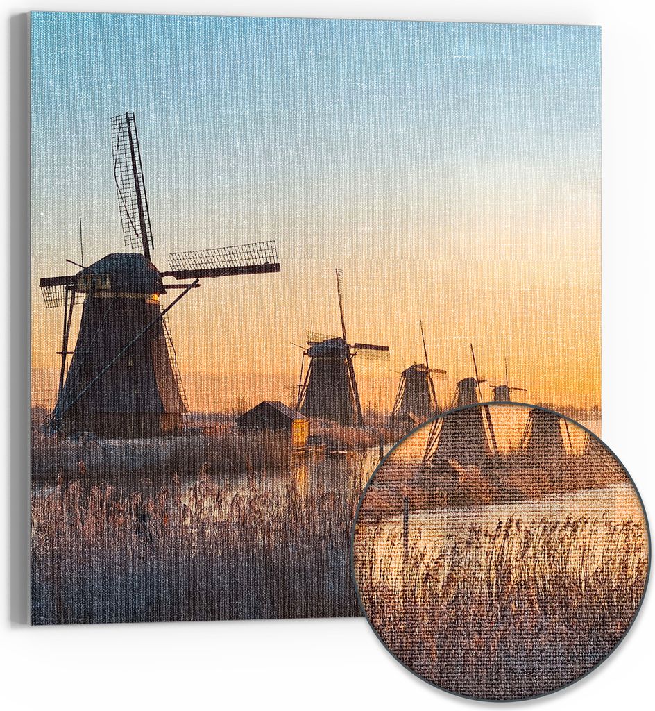 DEQORI Hybrid Leinwand Bild 30x30 cm 'Mühlen im Morgenlicht' Wandbild Glas flach modern