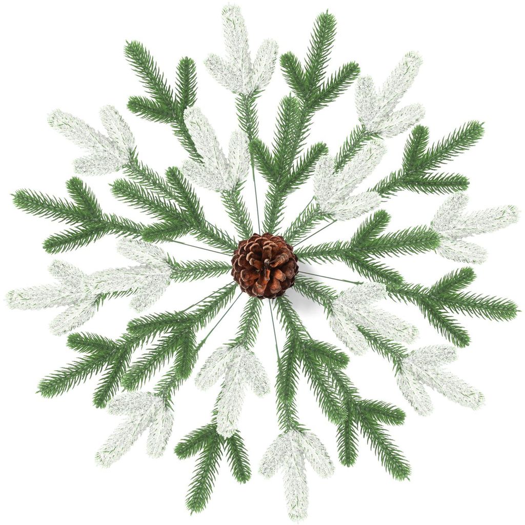 48 künstliche Tannenzweige (24 cm), grün, künstliche Weihnachtszweige aus Kunststoff mit künstlichem Schnee, künstliche Zweige, Tannennadeln, ...