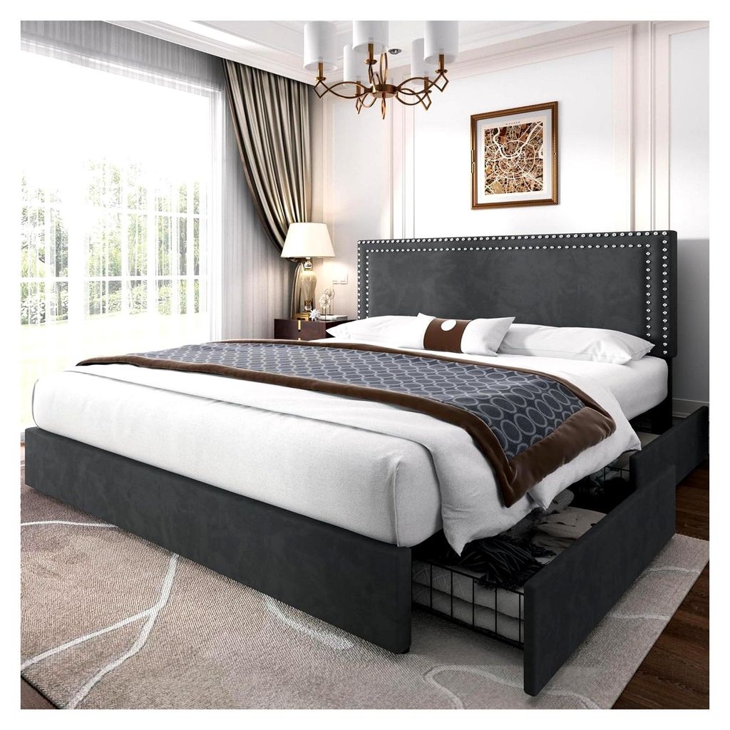 Polsterbett Doppelbett 140 x 200 cm mit 4 Stauraum-Schubladen, Doppelbettgestell mit höhenverstellbarem Kopfteil und Bettkasten, Bett mit Stauraum...
