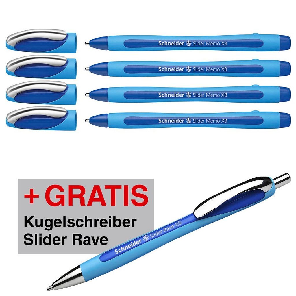 Schneider 150275 Slider Memo XB und Slider Rave XB Kugelschreiber (mit Etui, Schreibfarbe: blau) 4+1 Stück