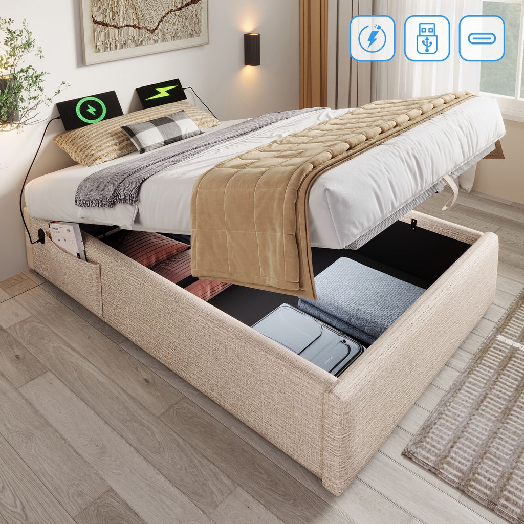 Flieks Polsterbett 90x190cm ohne Kopfteil, Einzelbett Jugendbett mit USB & Type-C, Hydraulisches Bett Boxspringbett mit Ablagetasche, Baumwolle, Beige