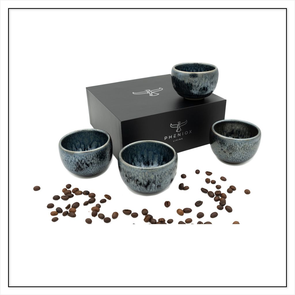 Pheniox | Espressotassen Set Galaxy | 4-teilig | 120 ml | hochwertige Kaffee Tassen aus Steingut | ohne Henkel | Geschenk | Cappuccino | Mokka | Tee
