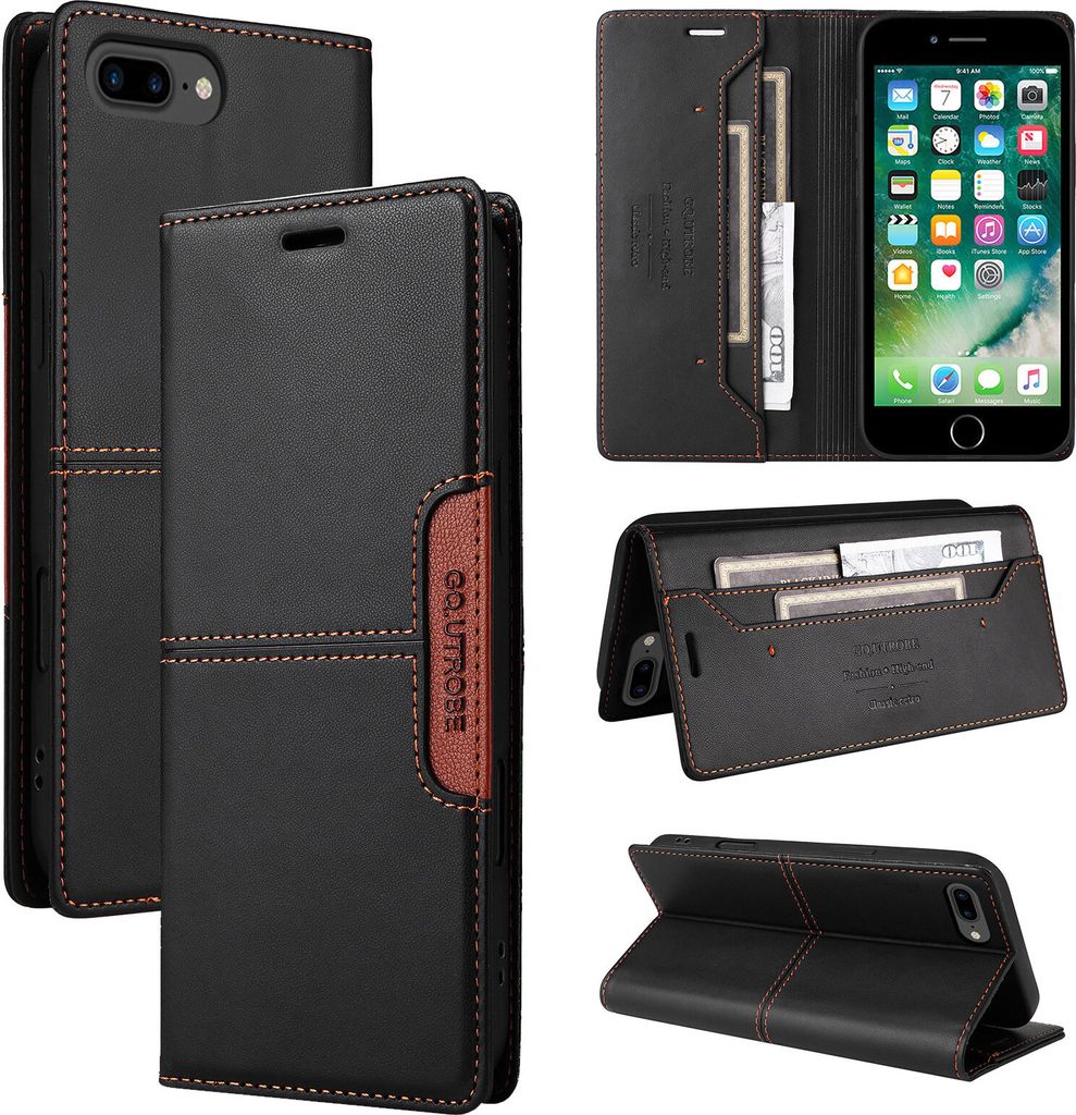Handyhülle für iPhone 8 Plus/7 Plus/6s Plus/6 Plus Hülle, Leder Flip Wallet Kartenfach Stand Schutzhülle Schwarz