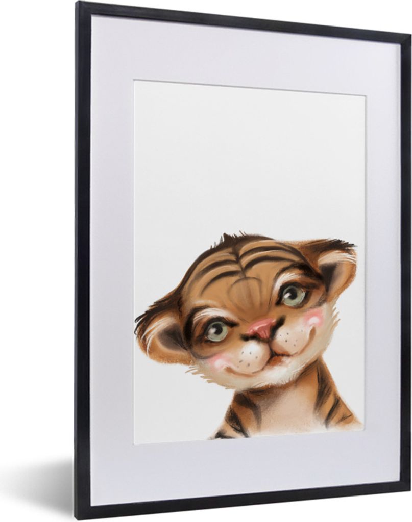MuchoWow Gerahmtes Poster Tiger - Tier - Weiß 30x40 cm - Poster mit Schwarzem Bilderrahmen Wandposter Rahmen Foto Bilder - Wandposter Schlafzimmer