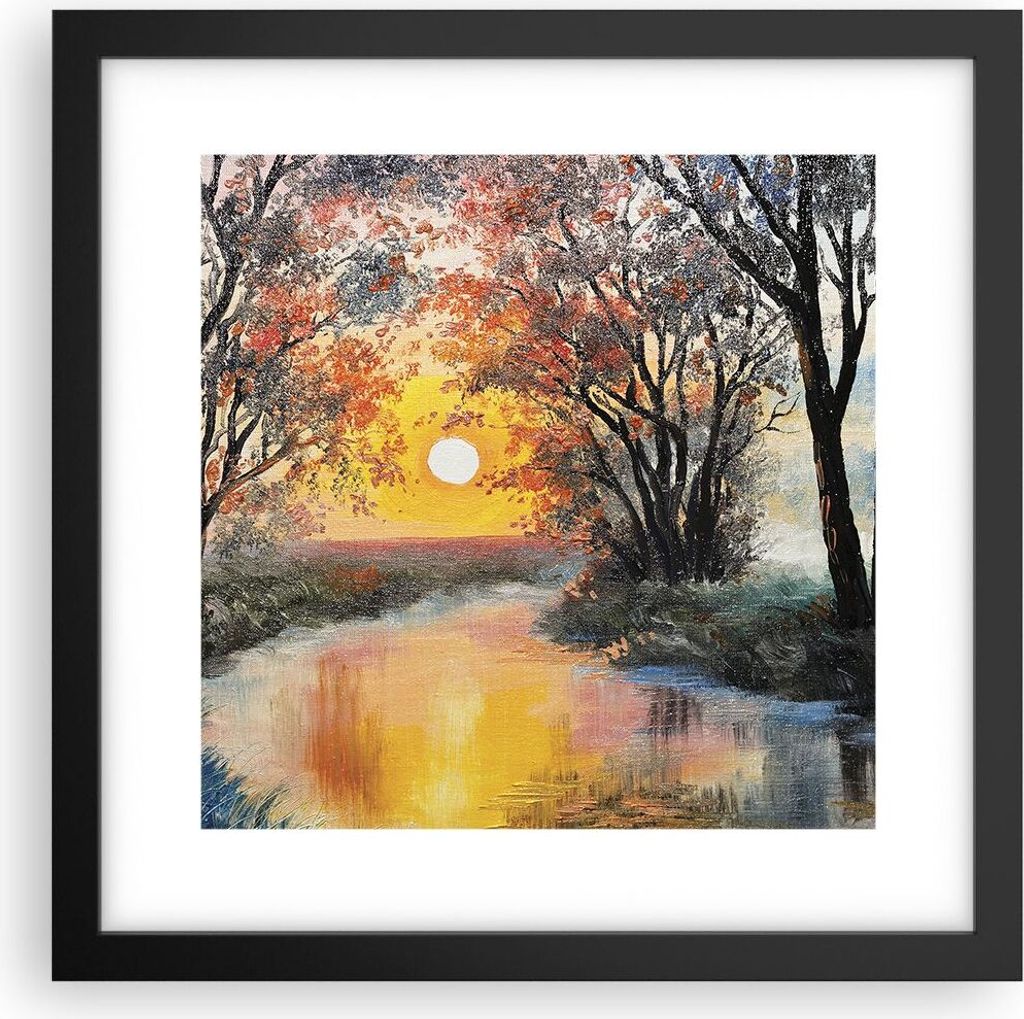 Gerahmtes Poster - Schwarzer Rahmen - Fluss Sonne Bäume - Produktbild 