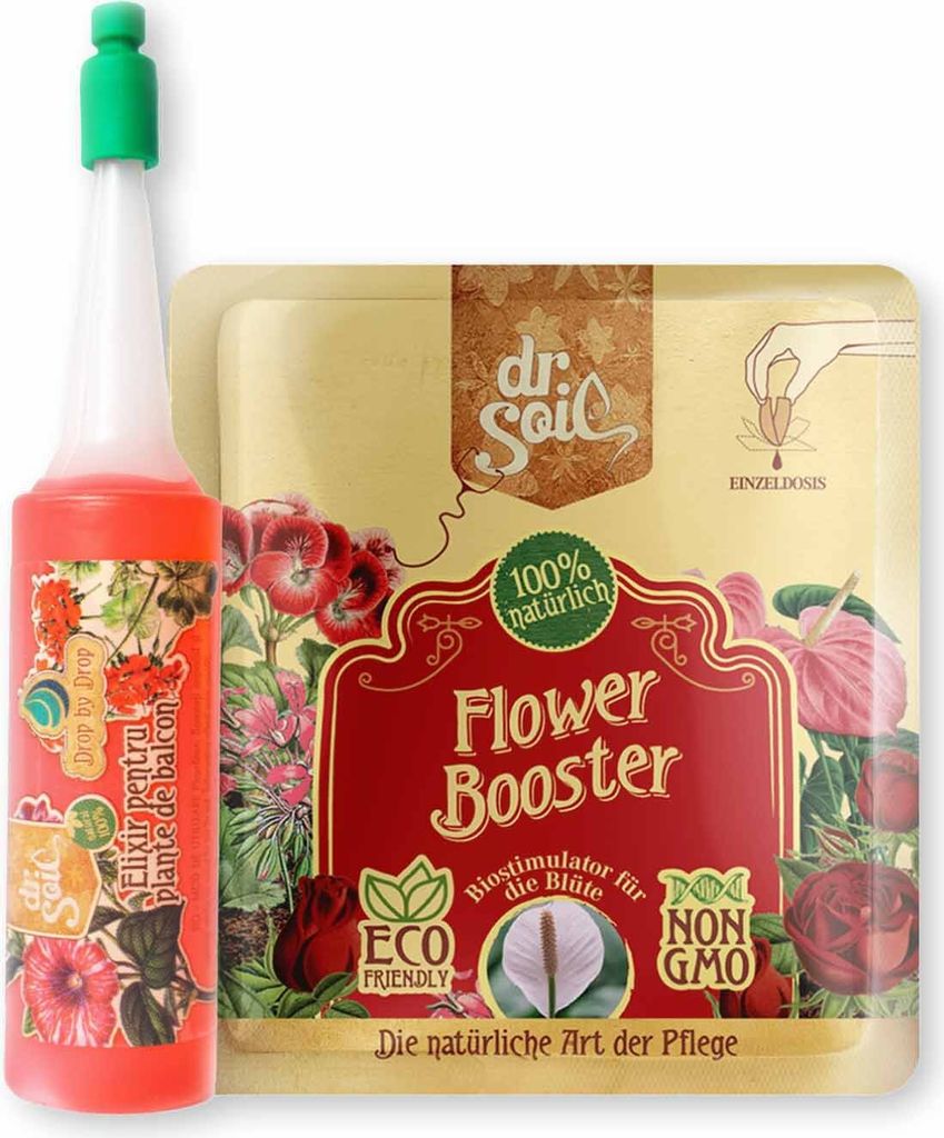 Dr.Soil Pflanzenpflegepaket für die Balkonpflanzen mit Balkonpflanzen-Bewässerungszusatz in Fläschchenform und konzentrierter Biostimulator-Blü...