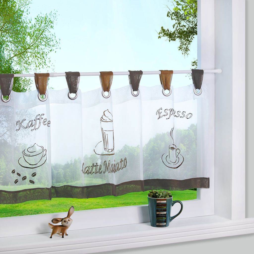 Joyswahl Scheibengardinen Schlaufen BxH 150x60cm Voile Bistrogardine mit verschiedenen Tassenmustern Küche Cafehausgardine Transparent Weiß 1 Stück