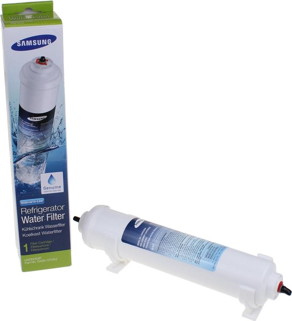 A Samsung refrigerator water filter and its packaging are displayed against a white background.