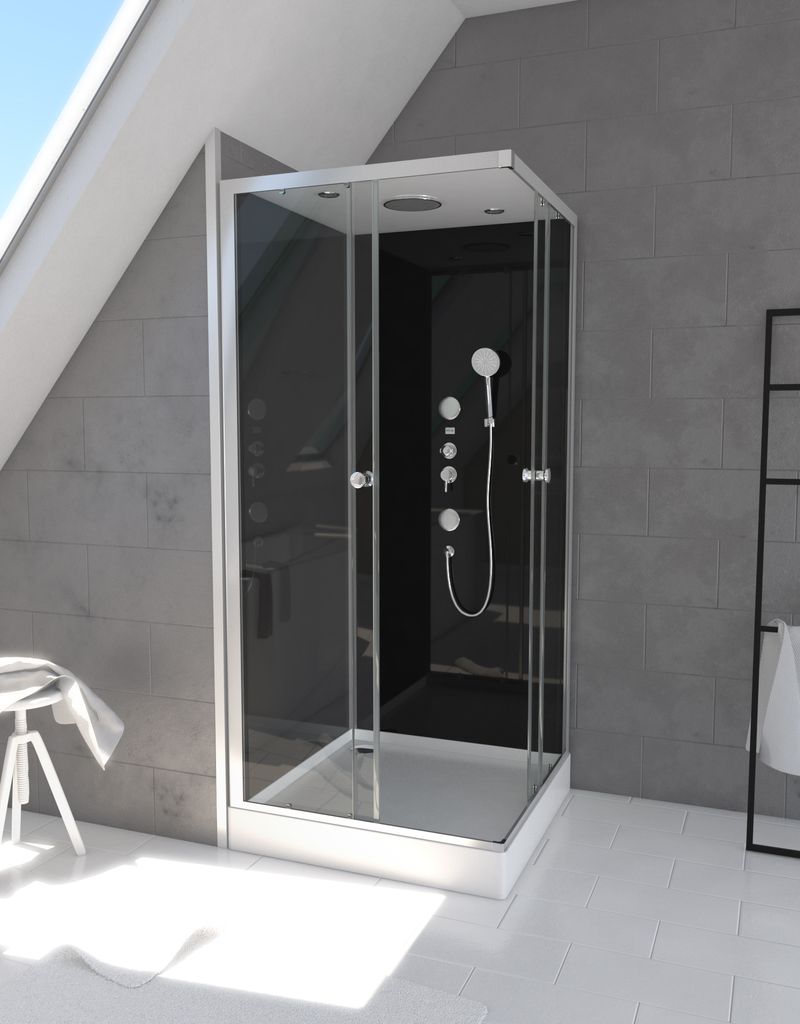 A modern shower cabin with black glass panels and silver fixtures, set in a bathroom with gray tiled walls and white tiled floor.