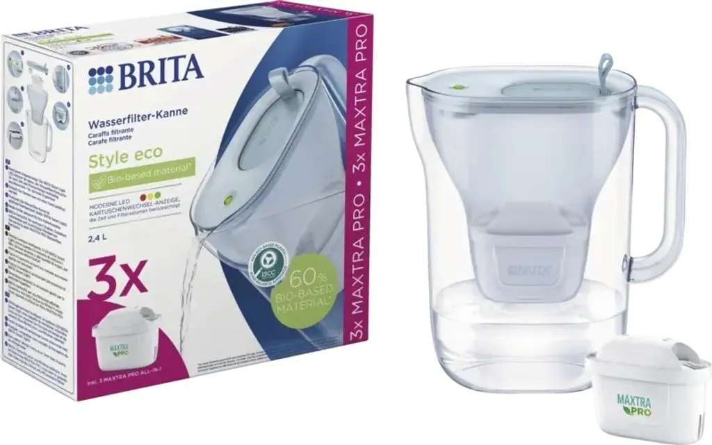Carafe filtrante BRITA Style Eco pour thé et café sans calcaire 2,4L bleue