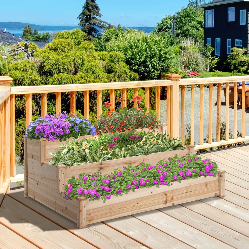 Hochbeet - 3-stufige Pflanzentreppe - Für Balkon - Aus Tannenholz - Für Kräuter und Blumen