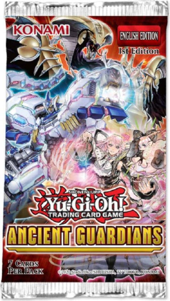 A booster pack for the Yu-Gi-Oh! Trading Card Game, featuring artwork from the 'Ancient Guardians' set.